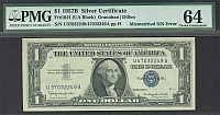 Mismatched Serial Number, 1957B $1 Silver Certificate, Fr.1621, vChCU, PMG-64